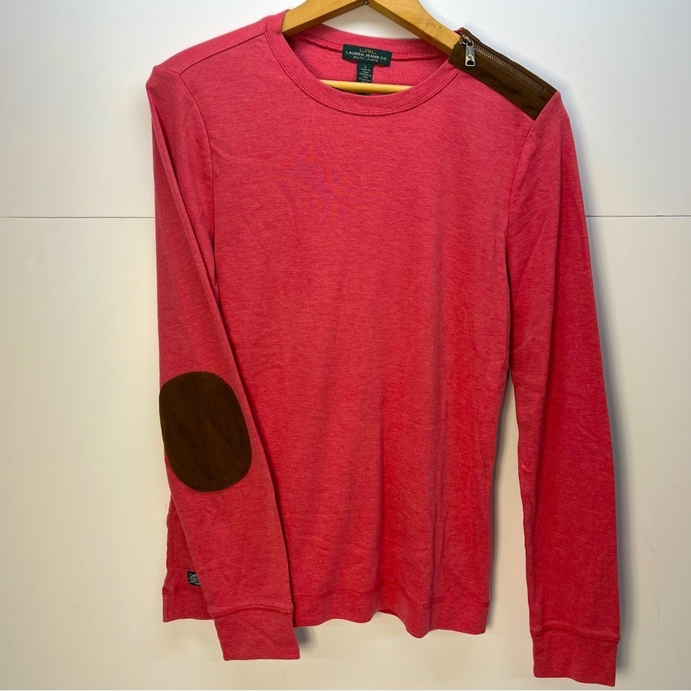 LRL Ralph Lauren Coral Top Womens Large Faux Leather Elbow Shoulder Patch Shirt